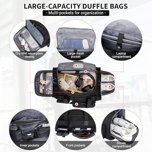 WITZMAN Duffle Bag for Men 3 in 1 Convertible 45L Nylon Gym Travel Backpack | Multi-pockets with Shoe Compartment and Dry-wet Pocket, One Duffel Bag for Sports, Weekender, Overnight, B693 Black - color: Black