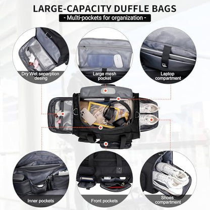 WITZMAN Duffle Bag for Men 3 in 1 Convertible 45L Nylon Gym Travel Backpack | Multi-pockets with Shoe Compartment and Dry-wet Pocket, One Duffel Bag for Sports, Weekender, Overnight, B693 Black - color: Black