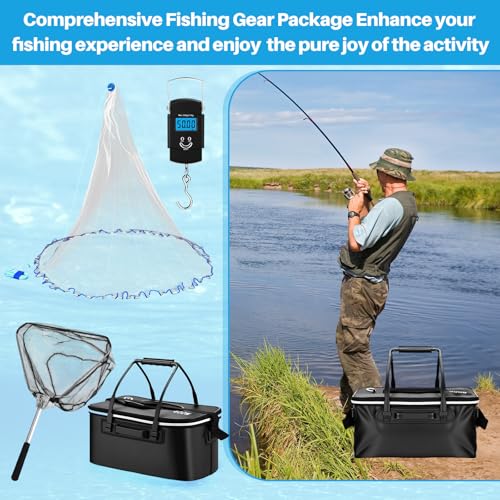 Set of 4 Saltwater Fishing Cast Net, Foldable Fish Bucket, Folding Fishing Landing Net, and 110lb Digital Scale, 6 Gallon Live Fish Bait Bucket - color: Black, size: 6ft