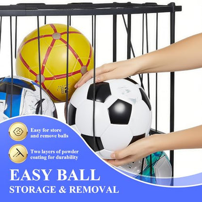 Large Garage Ball Storage Rack with Wheels for Basketball & Soccer | Rolling ball organizer stores basketballs, soccer balls and sports gear; large-capacity rack moves easily around the garage. - size: Large size