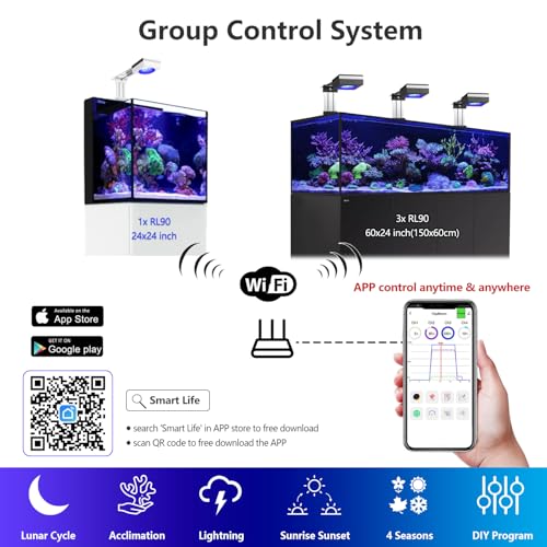 RL90 Black Aquarium Light 100 Watt Coral Reef Light 3rd Generation Full Spectrum Marine Aquarium Lighting 4 Channels Dimmable Control with WiFi, Bracket Included, for Coral SPS LPS Saltwater
