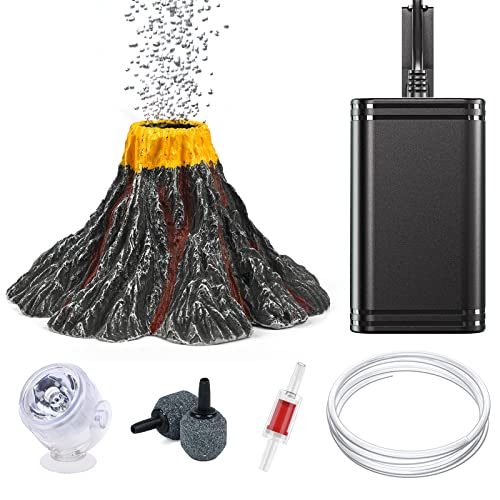 Uniclife Aquarium Volcano Ornament Kit Volcanic Eruption Decoration with Mini Air Pump Red LED Spotlight Air Stone Bubbler Airline Tubing Check Valve Fish Tank Resin Decor for Landscape and Aeration
