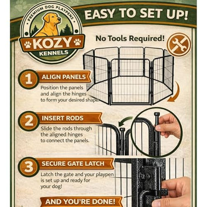 Indoor Dog Playpen - 32 inch, 8 Panels for Small and Puppy Size Dogs - Heavy Duty Metal Portable Pet Fence with Black Anti-Rust Coating - Play Pen w/Extra Wide Gate