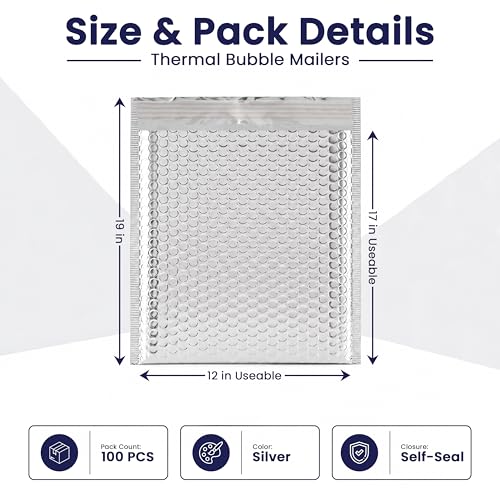 100-Pack Insulated Silver Thermal Bubble Mailers 12 x 17 - Waterproof Metallic Foil Self-Sealing Padded Envelopes for Cold Shipping, Perishables, Food, Cosmetics, Pharmaceuticals - size: 12 x17 | 100 Qty