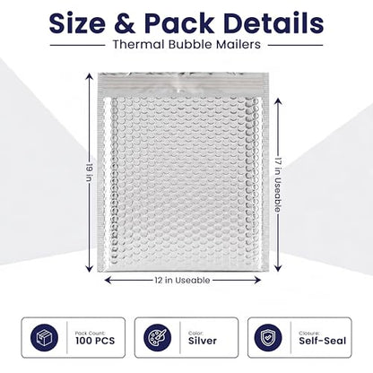 100-Pack Insulated Silver Thermal Bubble Mailers 12 x 17 - Waterproof Metallic Foil Self-Sealing Padded Envelopes for Cold Shipping, Perishables, Food, Cosmetics, Pharmaceuticals - size: 12 x17 | 100 Qty
