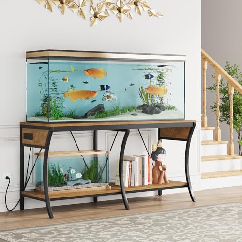 55-90 Gallon Fish Tank Stand, Metal Aquarium Stand, Power Outlets - color: Light Brown and Black