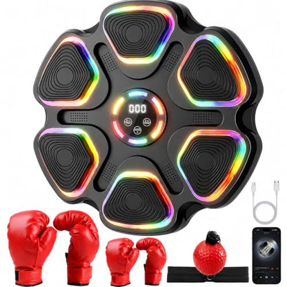 Leann L!fe Music Boxing Machine, Bluetooth Wall Mounted Boxing Trainer for Adults & Teens, Strong Adhesive Mount (No Drill), 11 Modes & 9 Speeds, 2 Pairs of Boxing Gloves & Reflex Ball,Colorful Light - color: Black-Colorful Light