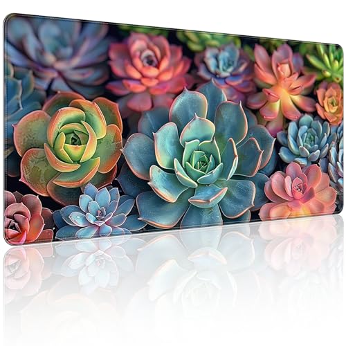 35.4 x 15.7 in, XXL Large Mouse Pad for Desk, Extended Keyboard Mouse Mat for Computer Office, Big Mouse pad with Stitched Edges, Gaming Pc-Colorful Succulent - color: Colorful Succulent