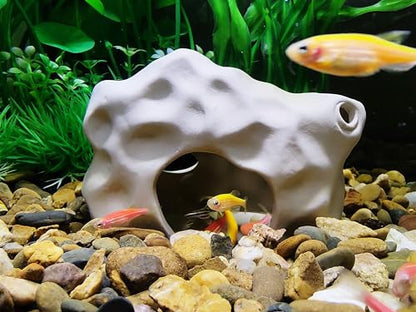 Aquarium Decor Rock Cave for Fish Shrimp Turtle Crab, Betta Fish Tank Decorations Ceramic Hiding Stone, Fish Bowl Landscape Rock with Plastic Plant