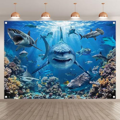 7x5ft Shark Theme Backdrop Under the Sea Deep Ocean Underwater World Aquarium Coral Reef Shallows Photography Background Kids Party Decorations Photo Banner Props