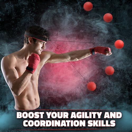 BURIUS Boxing Reflex Ball Set, 4 Balls and 2 Headbands, Reaction Training | Sharpens Hand-Eye Coordination, Hand Speed, and Focus - Same-Weight, Adjustable Kit Made for Beginner to Advanced Solo Drills