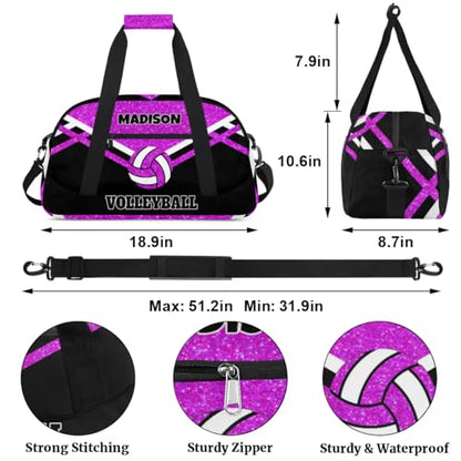 Custom Name Sports Volleyball Bags, Bright Purple Glitters Black | Duffel Travel Sports Gym Bag, Large Workout Bag - color: Bright Purple