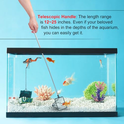 8 Inch Aquarium Fish Net for Betta Fish Tank Nano Nylon Net with Extendable Handle 12-25 Inch, 1 Yr Warranty