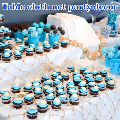 8 Pcs Fish Net Decorations for Party, 78.8" x 39.4" Large Cotton & Linen Fishnet, Nautical Hawaiian Beach Themed Fishing Net for Mermaid Pirate Under The Sea Birthday Decor, Wall Hanging Photo Display