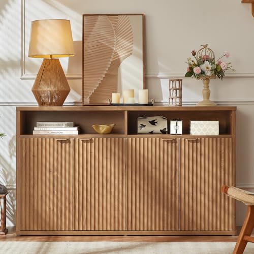 LEYAOYAO Fluted Buffet Cabinet with Storage, 55" Wide Wood Sideboard Credenza with 4 Doors & Open Storage Shelf, Modern Kitchen Console Accent Cabinets, Coffee Bar Table for Dining Room, Tea Brown - color: Tea Brown, size: 15.35"D x 55.12"W x 31.89"H（4 do