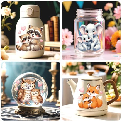 Peacoblue 18 Sheets Rub on Transfers for Crafts, Mother and Baby Animal 3.6"x3.9" UV DTF Cup Wraps Waterproof Rub on Cold Transfers Stickers for Wood Glass Metal Cup Tumblers Mirrors Mugs Home Decor - style: Mother And Baby Animal
