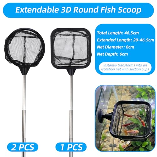Aquarium Shrimp Net, 3 PCS Small Fish Nets for Fish Tank with Long Extendable Stainless Steel Handle, 3.15 Inch Round+Square Fine Mesh Net for Fishes Shrimp Tank Pond Creek Food Residue Debris