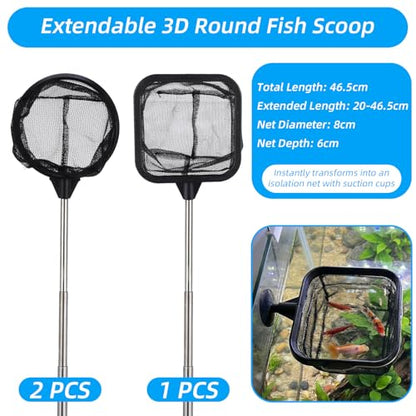 Aquarium Shrimp Net, 3 PCS Small Fish Nets for Fish Tank with Long Extendable Stainless Steel Handle, 3.15 Inch Round+Square Fine Mesh Net for Fishes Shrimp Tank Pond Creek Food Residue Debris