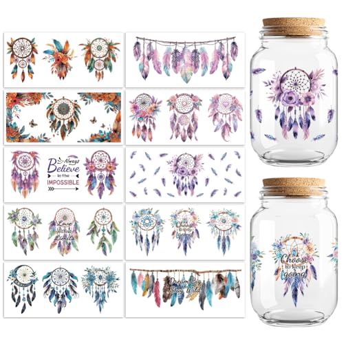 UV DTF Cup Wraps Transfer Stickers Bohemian Feathers Pattern, 10 Sheets Waterproof Custom Vinyl Transfer Sticker 16oz Coffee Glass Cup Tumbler Bottle Mug Decals for Men Women - style: Bohemian feathers