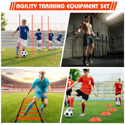 HOTOOLME Agility Training Poles Equipment Soccer Training Equipment Includes 6 Agility Poles,Agility Ladder, 10 Soccer Cones,Jump Rope for Speed Training, Soccer Training, Basketball Athletes & Kids - color: Orange