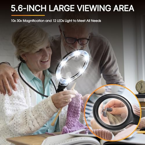 Hands Free Magnifying Glass with Light, Neck Magnifier for Seniors Reading | 6 Light Modes • 5.6"Acrylic Lens • 1200mAh Rechargeable • Flexible Gooseneck • Adjustable Brightness - size: 5.6”