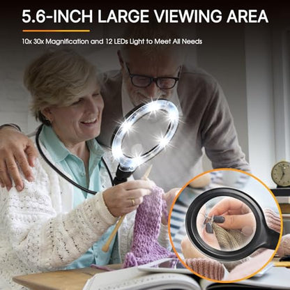 Hands Free Magnifying Glass with Light, Neck Magnifier for Seniors Reading | 6 Light Modes • 5.6"Acrylic Lens • 1200mAh Rechargeable • Flexible Gooseneck • Adjustable Brightness - size: 5.6”