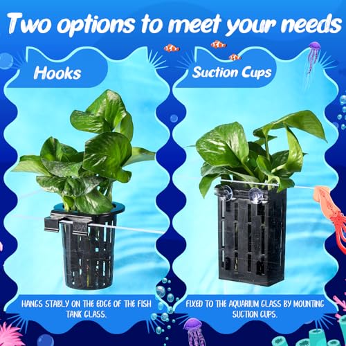 12 Set Upgraded Large Aquarium Plant Holder Contain 12 Hanging Aquatic Pot with 72 Hooks and 24 Aquatic Planter Suction Cups for Fish Tank Aquarium Cultivation and Aquascape Decoration (Black)
