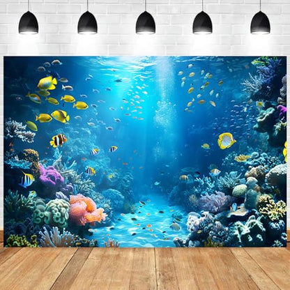 6x4ft Under The Sea Backdrop Underwater World Tropical Fish Photography Background Ocean Aquarium Corals Sunlight Banner Decorations Undersea Party Photo Booth Props - size: 6x4ft