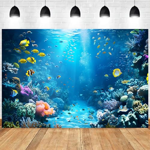 6x4ft Under The Sea Backdrop Underwater World Tropical Fish Photography Background Ocean Aquarium Corals Sunlight Banner Decorations Undersea Party Photo Booth Props - size: 6x4ft