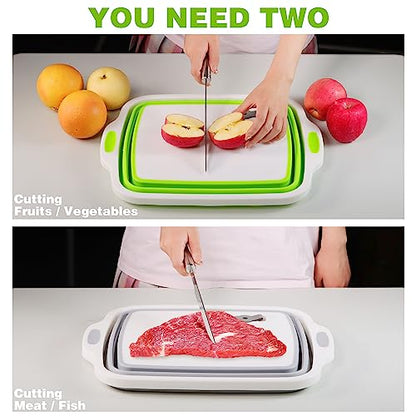 2 Pack Collapsible Cutting Board, Foldable Dish Tub with Draining Hole, Portable Chopping Board with Colander, 3 in 1 Multifunction Camping Sink for Washing Dish, Bowl, Vegetables and Fruit - color: White/Green and White/Grey