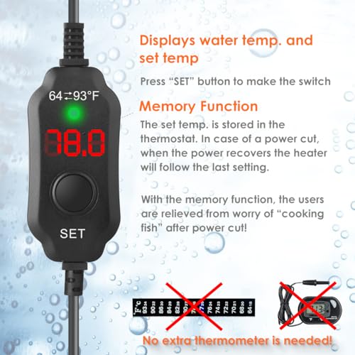 100W Compact Aquarium Heater for 10-20 Gallon Tanks | Super Short Submersible Fish Tank Heater with LED Digital Thermostat, Dry-Run & Overheat Protection, Memory Function