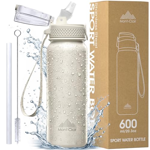 Stainless Steel Water Bottle 20oz with Straw, Insulated, Leakproof Lid - color: Cream
