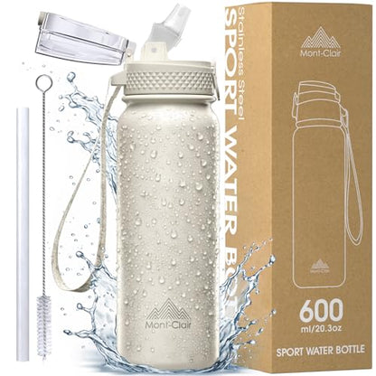 Stainless Steel Water Bottle 20oz with Straw, Insulated, Leakproof Lid - color: Cream