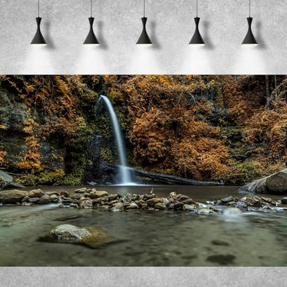 Waterfall Aquarium Background Natural Autumn Forest Yellow Leaves Landscape Terrarium Background Tranquil Lake Stream with Rocks Fish Tank Background Falls Theme Aquarium Backdrop Vinyl 30x12in - color: Brown, size: 30(W)x12(H)in