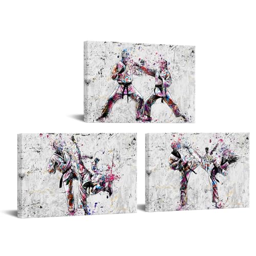 KREATIVE ARTS Taekwondo Wall Art Set of 3 Canvas Prints 16x24 Inch Martial Arts Karate Kickboxing Fighter Training Sports Artwork Gym Home Decor Dojo Studio Ready to Hang