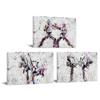 KREATIVE ARTS Taekwondo Wall Art Set of 3 Canvas Prints 16x24 Inch Martial Arts Karate Kickboxing Fighter Training Sports Artwork Gym Home Decor Dojo Studio Ready to Hang