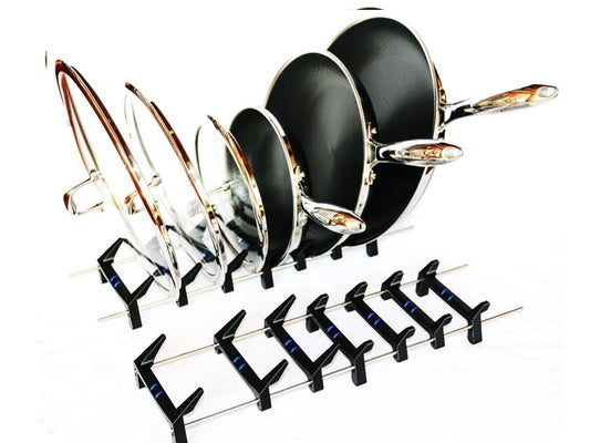 Pan & lid rack for storage or drying for kitchenware from Hexclad, T-fal, Circulon, Calphalon, Carote, Cuisinart, Blue Diamond, and others including induction pans