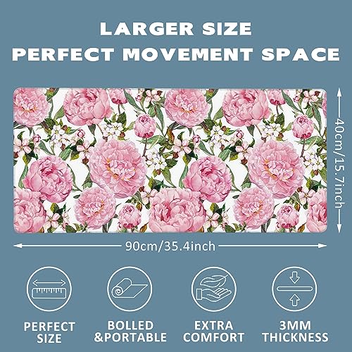 Large Mouse Pad Peony Flowers and Sakura Extended Gaming Mouse Pad Desk Mat Stitched Edges Mousepad Non-Slip Rubber Base Keyboard Pad for Laptop Computer PC 35.4 x 15.7 inches