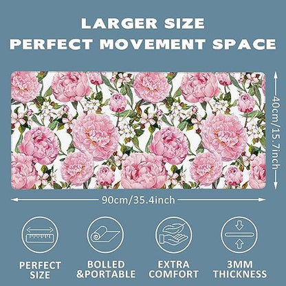 Large Mouse Pad Peony Flowers and Sakura Extended Gaming Mouse Pad Desk Mat Stitched Edges Mousepad Non-Slip Rubber Base Keyboard Pad for Laptop Computer PC 35.4 x 15.7 inches