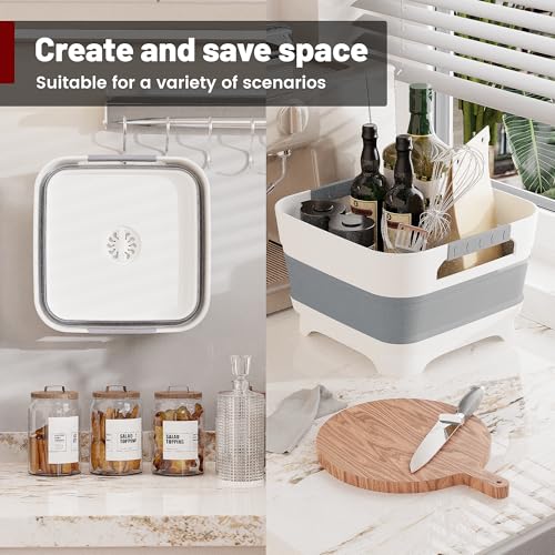 Collapsible Dish Basin with Drain Plug, 9L(2.4Gal) Capacity, Space Saving Portable Sink for Baby bottle, Kitchen, Camping& RV, Gray