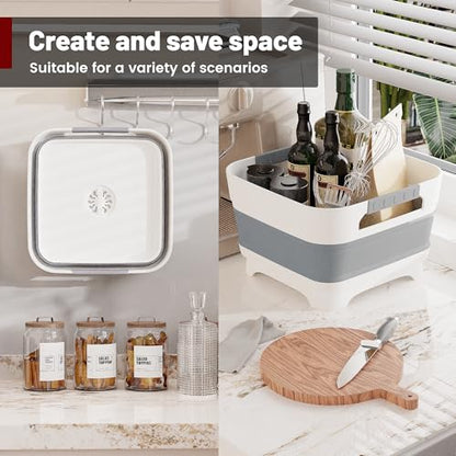 Collapsible Dish Basin with Drain Plug, 9L(2.4Gal) Capacity, Space Saving Portable Sink for Baby bottle, Kitchen, Camping& RV, Gray