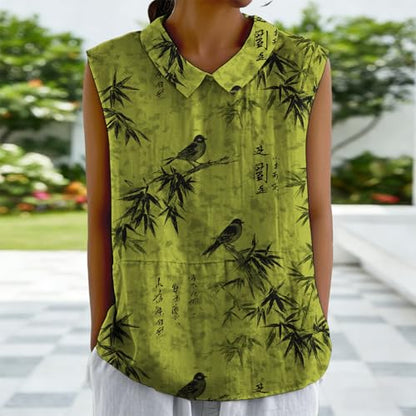 domirica Graceful Japanese Art Pattern Sleeveless Collared Tank Top Soft Casual Boho Sleeveless Tshirts for Women - color: Bamboo, size: 3X-Large