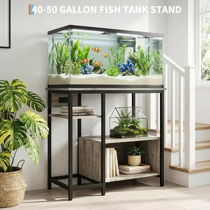 Heavy Duty 40-50 Gallon Aquarium Stand with Power Outlets, 4-Tier Metal & Wood Fish Tank Stand with Open Shelves, Storage Rack for Reptile Tank or Terrarium, 660 lbs Capacity, Gray