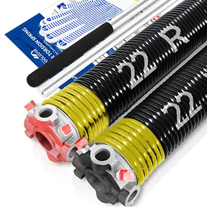 Pair of 2" Garage Door Torsion Springs Set with Non-Slip Winding Bars & Gloves, High Precision Electrophoresis Oil-Free Black Coated for Replacement, MIN 16,000 Cycles (0.207x 2" x 22'')