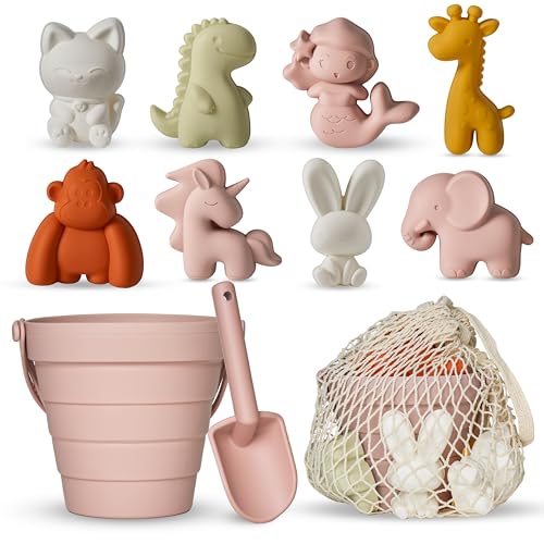 11Pcs Silicone Beach Toys,Collapsible Sand Bucket,Modern Baby Beach Toys,Travel Friendly Beach Set,Silicone Bucket,Shovel,Sand Molds, Beach Bag,Silicone Sand Toys for Toddlers, Kids (Pink)