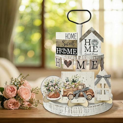 Smile 9pcs Indoor Wooden Decor, Truck Floral Home Sweet Home Rustic Farmhouse Tiered Tray Set Home Decor for Kitchens (Without Trays) - style: Retro