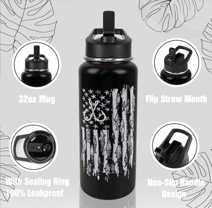 Fishing Water Bottle with Straws Fish Insulated Water Bottle Gifts for Men Dad Papa Husband Fisherman Fathers Day,Anniversary,Christmas,Birthday Travel Thermal Double Walled Vacuum Cup-32 oz - color: black fish hook