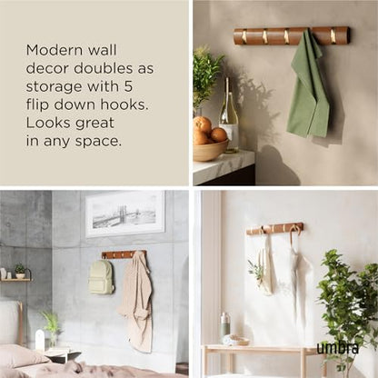 Umbra Flip Coat Rack, Wall Mounted 5-Hook Space Saving, Walnut/Gold - color: Walnut/Gold, size: 5 hook