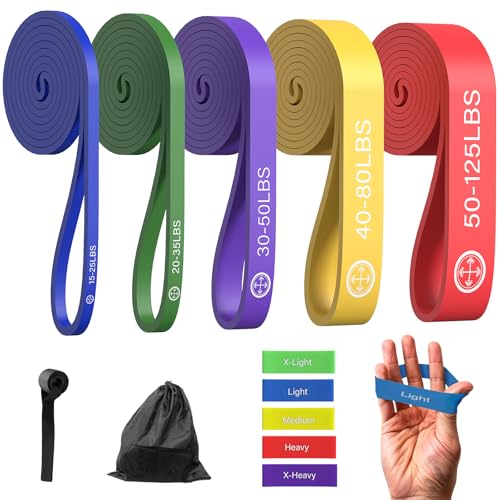 Exercise Bands，Set of 6 Resistance Bands for Working Out,Pull Up Bands Set,at Home Workout Equipment,Instruction Guide and Carry Bag Included - color: 5set（Blue+green+purple+yellow+red+Finger Exercisers）