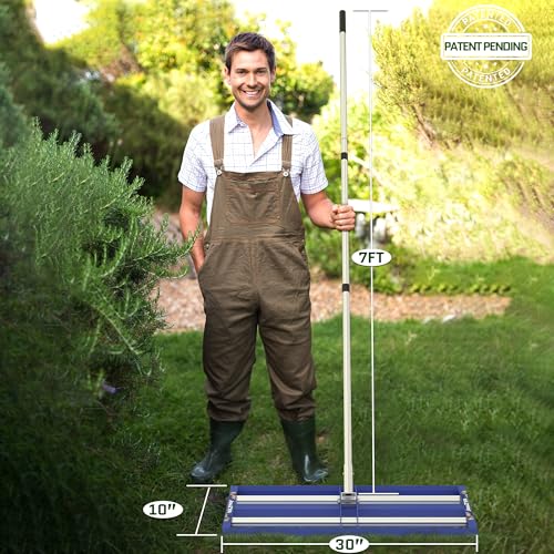 Updated Lawn Leveling Rake 30"x10", Lawn Leveler with Aluminum Rollers, Yard Leveling Rake Stainless Steel with 27-80" Adjustable Handle, Heavy-Duty Lawn Rake Suit for Garden, Golf Lawn, Farm, Blue